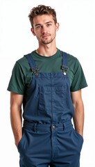Obraz premium Man in navy overalls with green t-shirt on white background. For repair services, technical maintenance, manufacturing facilities, assembly works, warehouse operations.