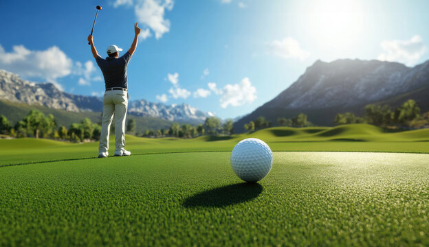 Golf victory celebration at scenic mountain course sports photography landscape view