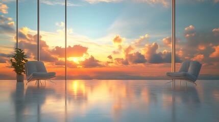 Fototapeta premium Sunset view from modern room with armchairs.