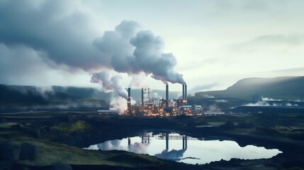 Geothermal power plant emitting steam in a picturesque volcanic landscape showcasing the renewable energy harnessed from the Earth s natural heat and geological processes