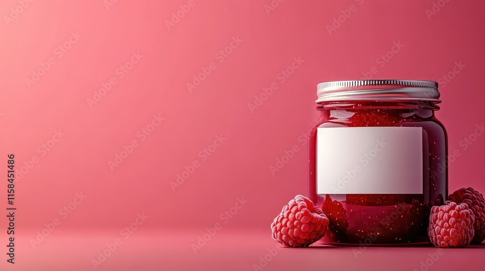 Poster A close-up of a raspberry jam jar with a blank label on a vibrant pink background, showcasing the jar's sleek design for brand customization