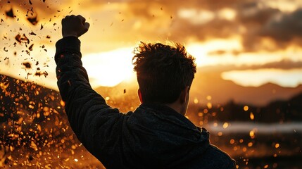 Fototapeta premium Triumphant candidate silhouette raising fist at sunset inspirational image outdoor setting empowering concept