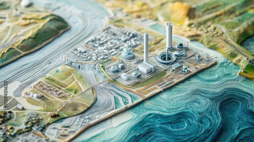 Poster A close-up of an intricate diagram explaining the carbon sequestration process used at a coastal facility, emphasizing clean energy