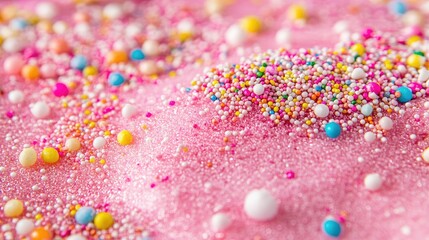 Obraz premium A close-up of colorful sprinkles and toppings on a pink icing sugar texture, enhancing the visual appeal of a sweet, sugary treat