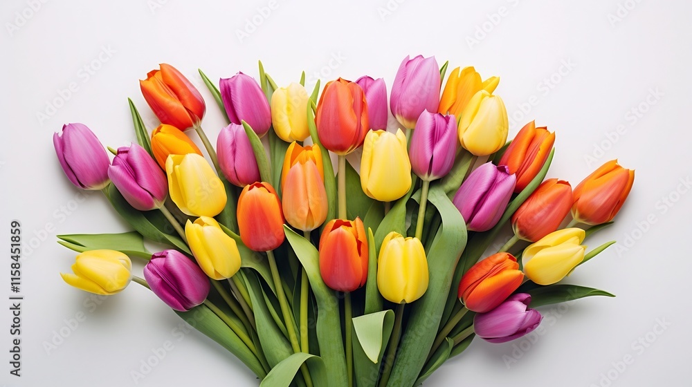 Poster a neatly arranged bouquet of vibrant colorful tulips elegantly displayed on a pristine white surface