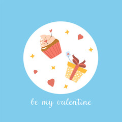 Happy valentine day card - be my valentine. Romantic card with cute sweets and gift.