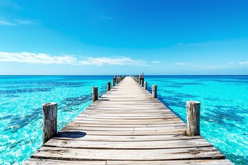 Fototapeta premium A wooden pier extends over clear turquoise ocean water with a bright blue sky above, evoking a peaceful and tropical vacation concept. Ai generative