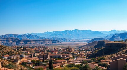 Fototapeta premium A panoramic view of a picturesque valley town surrounded by mountains, featuring clear blue skies and warm sunlight illuminating the landscape.