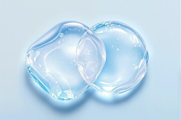 Two transparent gel spheres with small bubbles inside, placed on a soft blue background. Concept of purity, freshness, and clarity. Ai generative