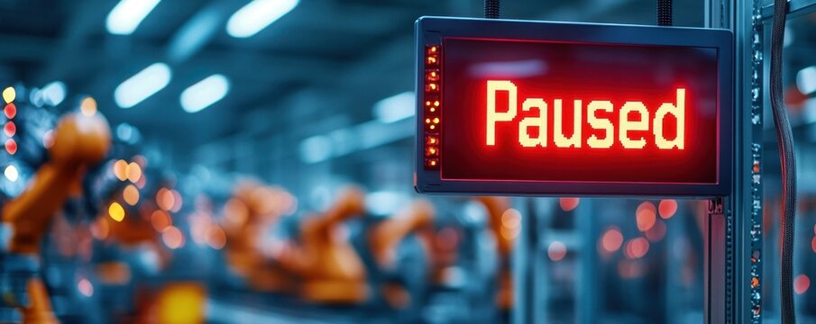 Digital display in a factory showing 'Paused' in bold red, highlighting a temporary halt in production.