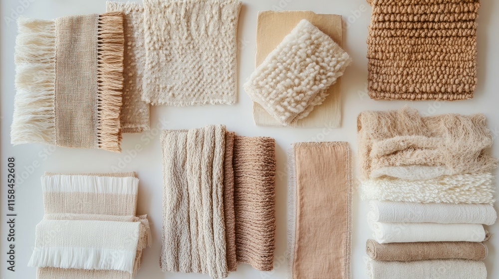 Poster a collection of handcrafted textiles in warm, natural hues, elegantly displayed on a white backgroun