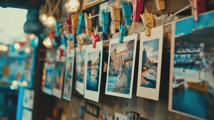 Obraz premium A collection of pictures hanging from a string with vibrant clothespins, arranged in an eclectic, heartwarming gallery style