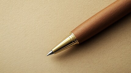 A close-up of a wooden pen with a gold tip resting on a beige surface.