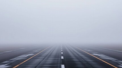 A foggy road stretches into the distance, creating an eerie atmosphere with wet pavement and minimal visibility.