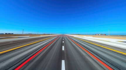 Fototapeta premium A vast, open highway stretches into the horizon, bordered by a clear blue sky and minimal scenery, creating a sense of freedom and adventure.