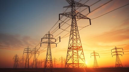 Dramatic silhouette of high voltage transmission lines and electricity grid infrastructure against a vibrant moody sunset sky  Powerful industrial landscape with a sense of scale and engineering