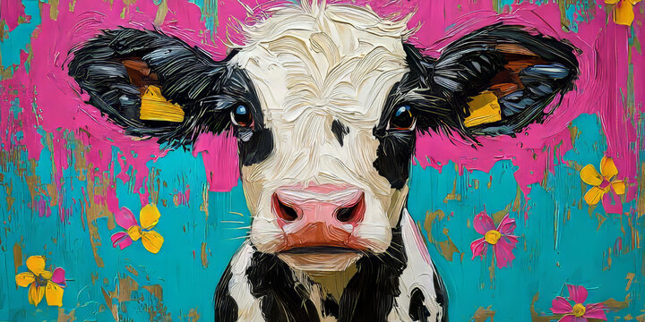  Colorful Cow Portrait with Floral Elements