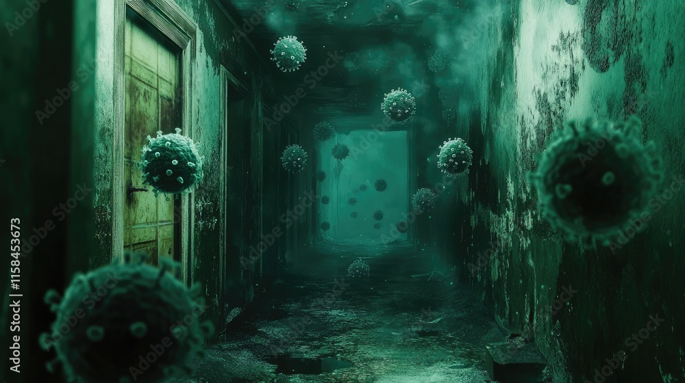 Poster a dark, eerie hallway overrun with mold and bacteria, with floating viral particles hinting at the d