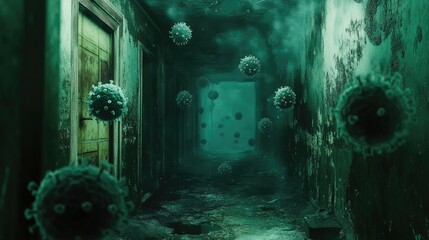 A dark, eerie hallway overrun with mold and bacteria, with floating viral particles hinting at the degradation and decay of an abandoned space