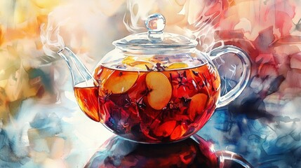 A steaming glass teapot filled with fruit-infused tea, showcasing vibrant colors and warmth.