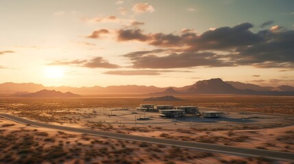 Dramatic sunset casts an ominous glow over the secretive and restricted Area 51 facility surrounded by the barren desolate desert landscapes of remote Nevada