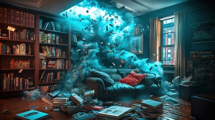 A chaotic living room with books and clouds, suggesting a burst of creativity or imagination.