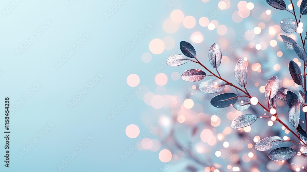 Poster laurel leaves abstract background idea. a delicate branch with shimmering leaves against a soft blue