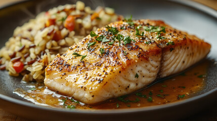 Seared Salmon Fillet, Rice Pilaf, Herbs, Salad, Portrait Orientation - Restaurant-Quality Dish for Menus and Food Blogs