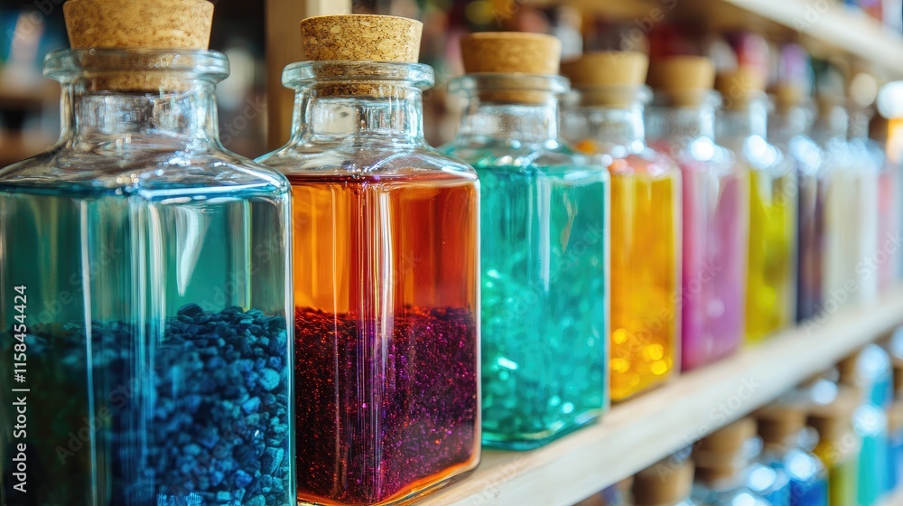 Aufkleber a display of glass jars filled with vibrant, colored liquids, showcasing the different textures and 
