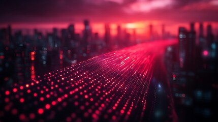 Red digital highway over futuristic city at sunset.