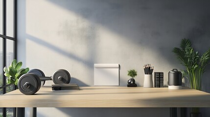 Clean desk with dumbbells and empty space for further decoration and personalization