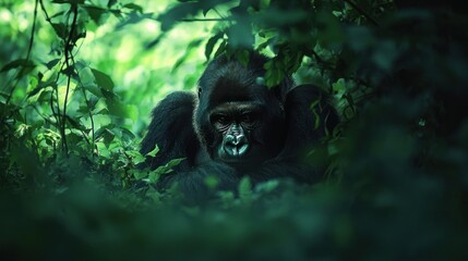 Obraz premium A close-up of a gorilla gazing through dense foliage in a lush green environment.