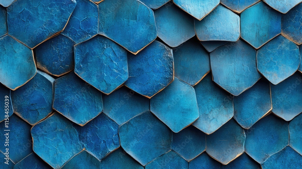 Poster A dynamic pattern of stacked blue hexagons forms a visually intriguing texture, creating depth and contrast