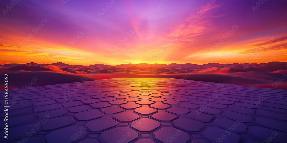 Poster sunset over a futuristic hexagonal landscape