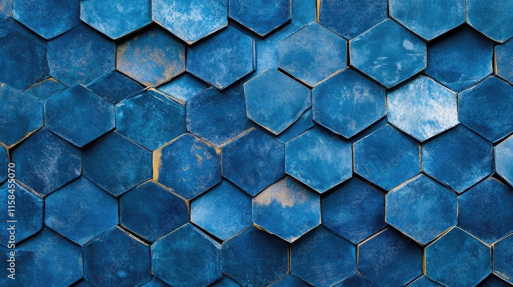 Poster A dynamic pattern of stacked blue hexagons forms a visually intriguing texture, creating depth and contrast
