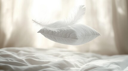 A dreamy scene of a white feather pillow drifting through the air, highlighting its softness and the serene, restful vibe for a peaceful sleep