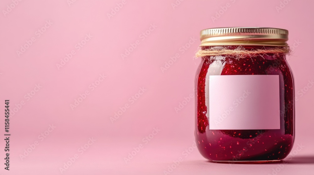 Poster a glass jar of raspberry jam with a blank label, captured against a solid pink backdrop, highlightin