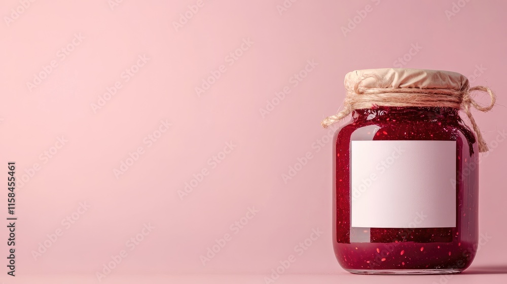 Poster a glass jar of raspberry jam with a blank label, captured against a solid pink backdrop, highlightin