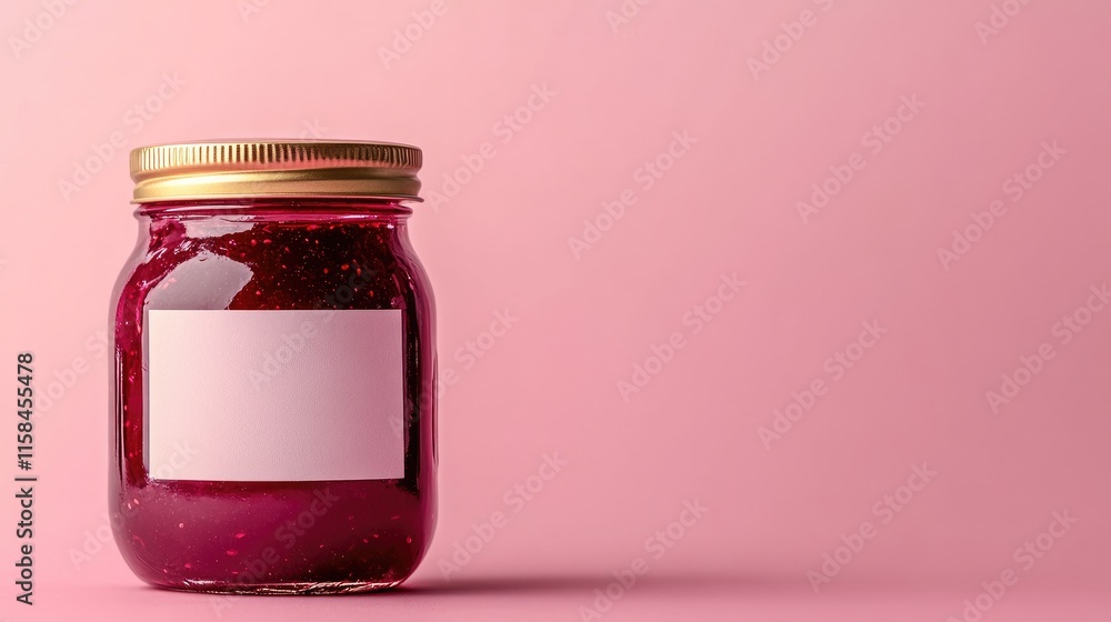 Poster a glass jar of raspberry jam with a blank label, captured against a solid pink backdrop, highlightin