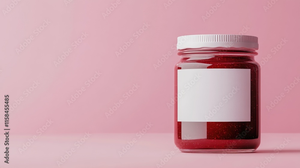 Poster a glass jar of raspberry jam with a blank label, captured against a solid pink backdrop, highlightin
