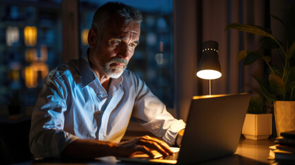 Late Night Focus: Businessman Working on Laptop