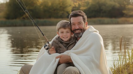 Fototapeta premium Father and son enjoy a peaceful fishing trip by the lake, wrapped in warm blankets as the sun sets and creates a tranquil atmosphere around them, highlighting their joyful connection.