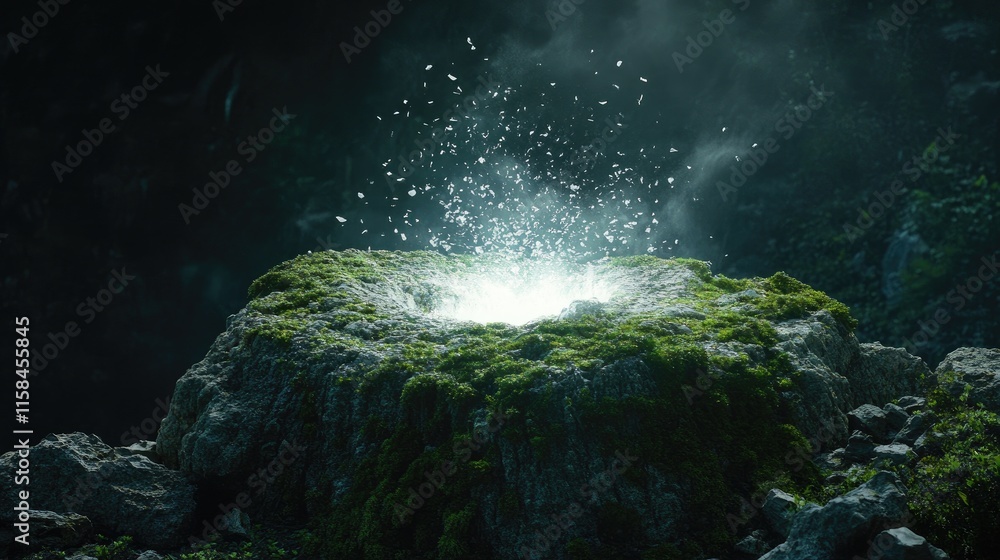 Aufkleber a glowing white hole in a moss-covered rock, sending moss and rock fragments flying, adding a mystic