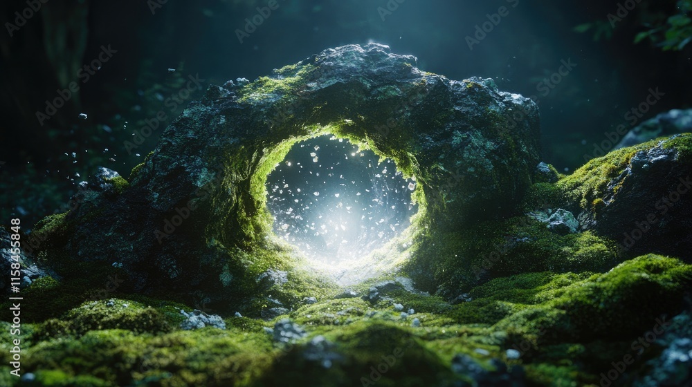 Poster a glowing white hole in a moss-covered rock, sending moss and rock fragments flying, adding a mystic