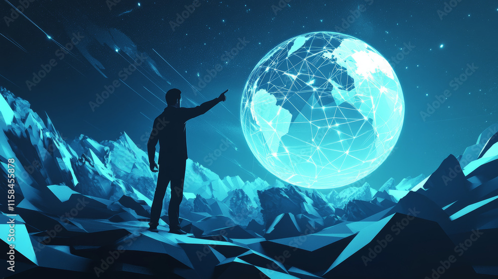 Poster abstract technology line triangle and points businessman low poly finger pointing on hand world futu