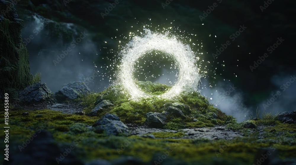 Aufkleber a glowing white hole in a moss-covered rock, sending moss and rock fragments flying, adding a mystic