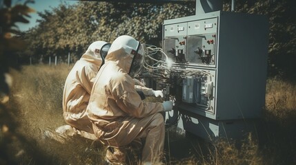 A team of workers wearing safety gear such as hard hats and reflective vests are performing maintenance and repair work on a large industrial power transformer