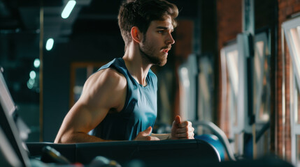 Focused Man Running on Treadmill in Gym