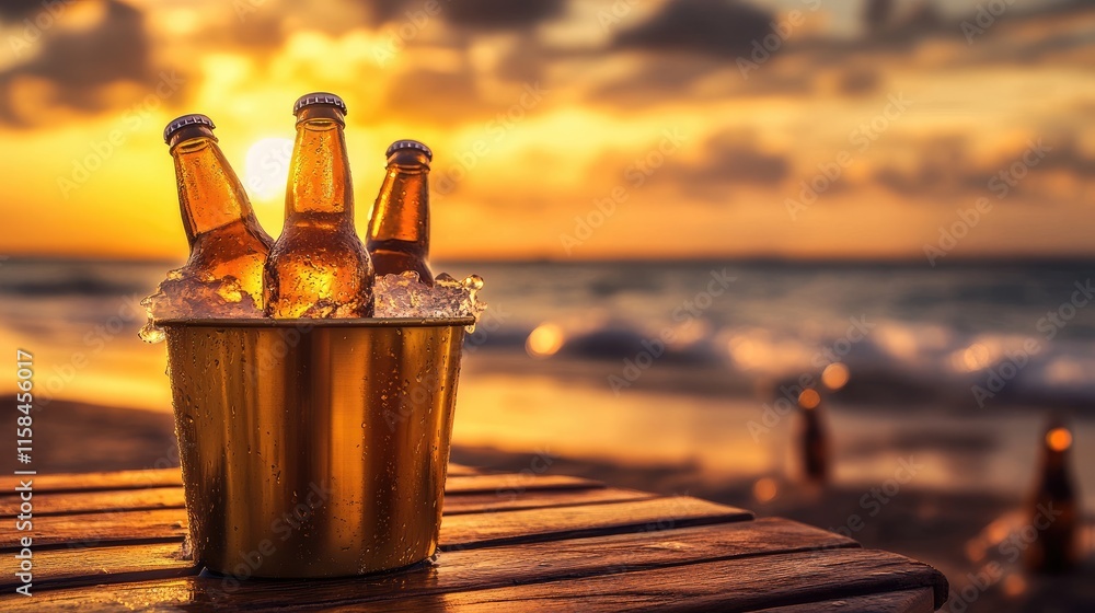 Poster a group of chilled beer bottles in a golden ice bucket, resting on a wooden table with a blurry beac