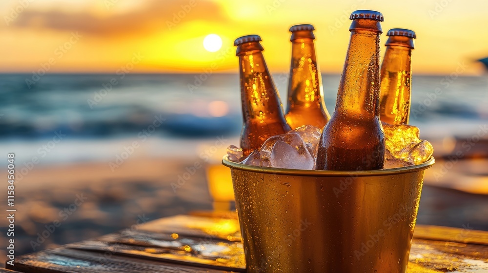 Poster a group of chilled beer bottles in a golden ice bucket, resting on a wooden table with a blurry beac